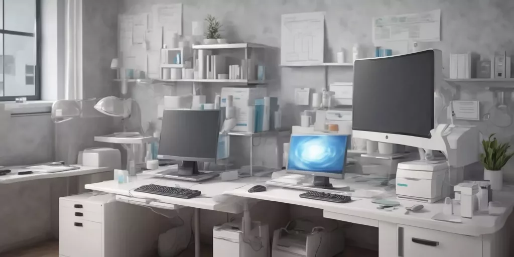 medical office computer photorealistic style